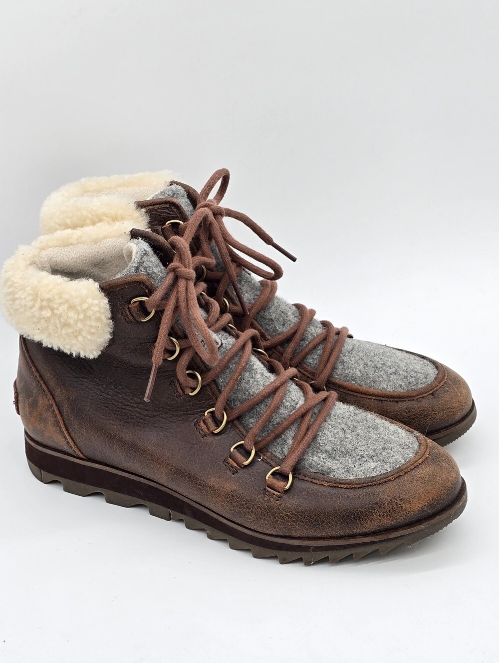 Sorel Women Harlow Boots Sz 9 Lace Up Cozy Leather Fur Shearling Wool Brown